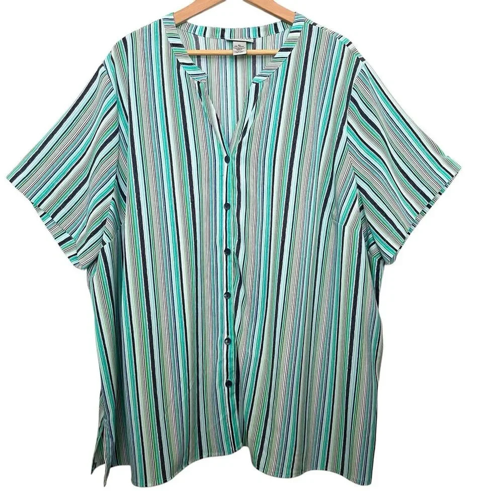 Catherines Women Top 3X Teal Green Striped Button Front Lightweight Career